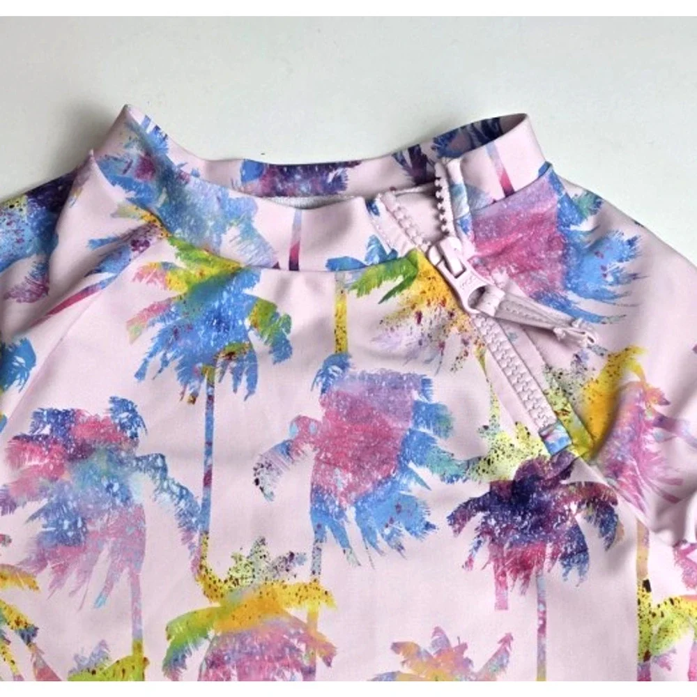 Andy & Evan Girl‎ 3T Swim Rash Guard Shirt Mock Neck Zip Palm Trees Pink Beach